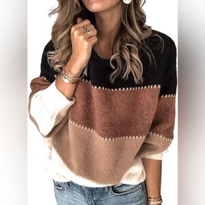 Women's Colorblock Sweater - Black, Brown, Tan, Cream